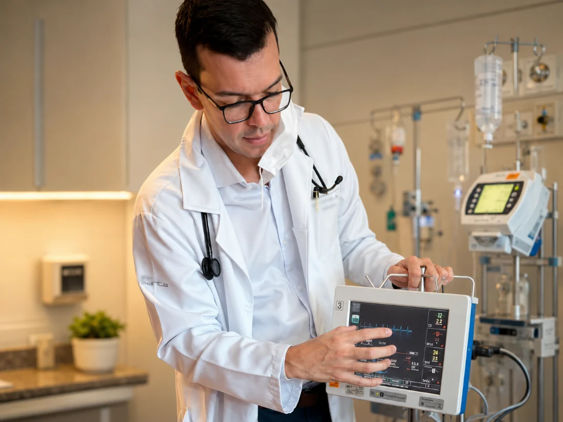 Dr. Rafael Côrtes, de jaleco e estetoscópio, avaliando um monitor de sinais vitais em ambiente hospitalar